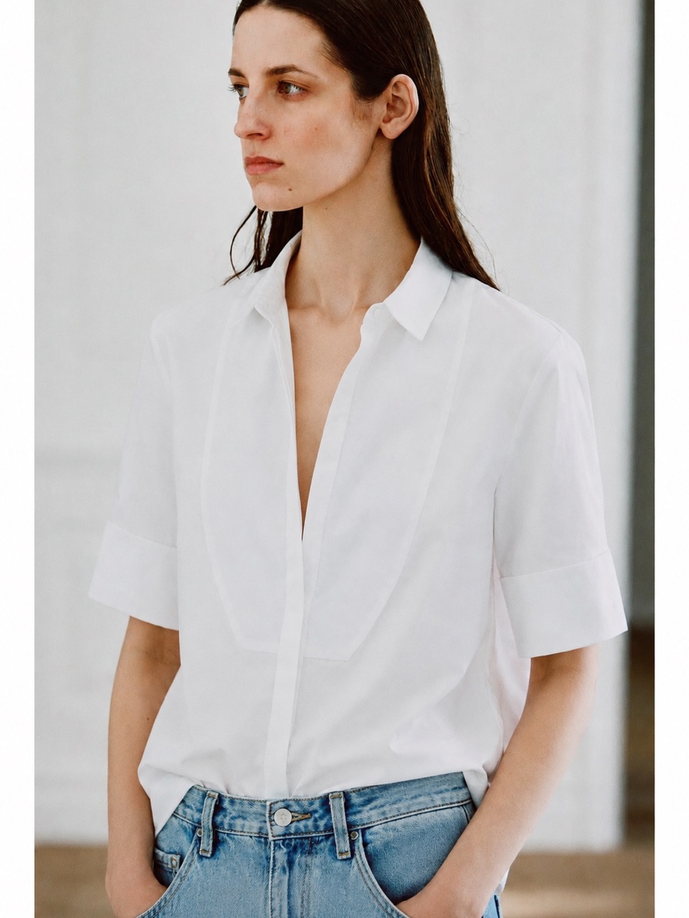 Zara White Short-Sleeve Button-Down Shirt